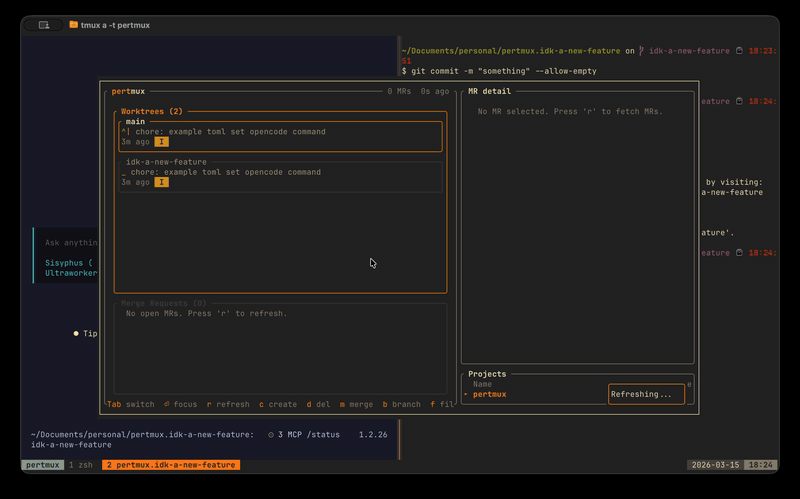 pertmux TUI demo — linking MRs to branches, worktrees, tmux panes, and coding agents