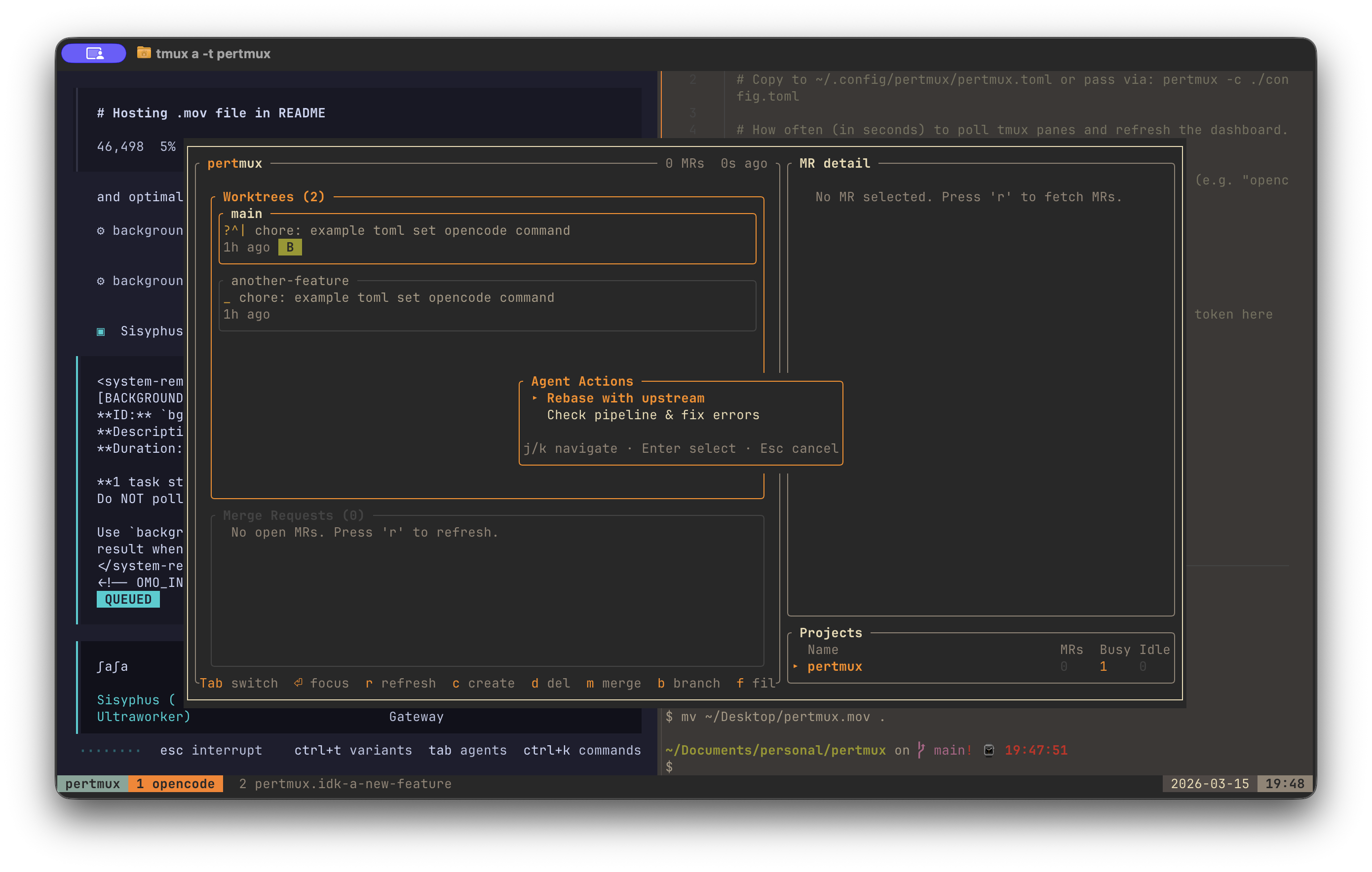 pertmux TUI — unified dashboard showing worktrees, merge requests, agent actions, and project overview